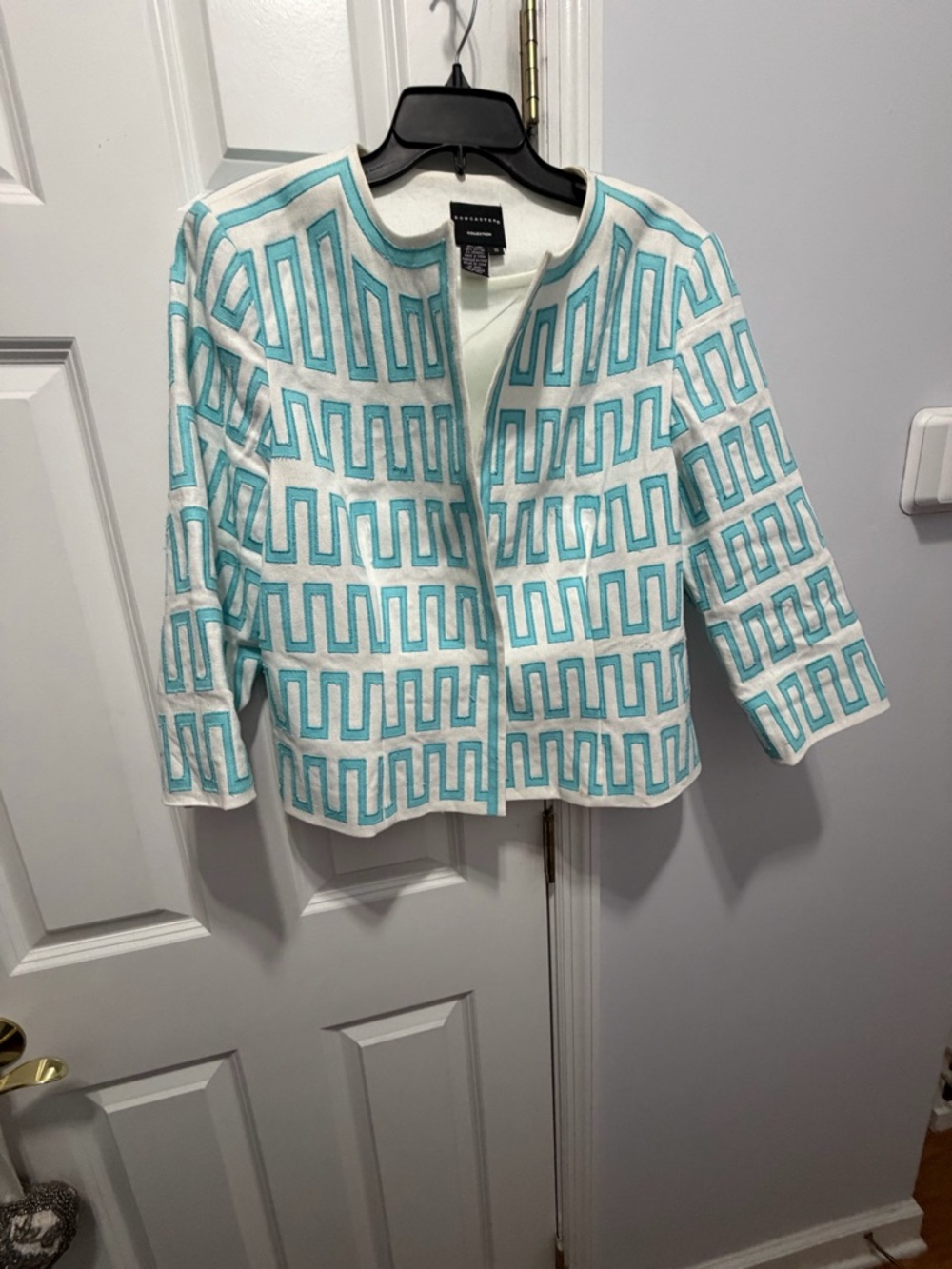 White and Teal Pattern linen cotton blend Jacket size 16 - Picture 4 of 8